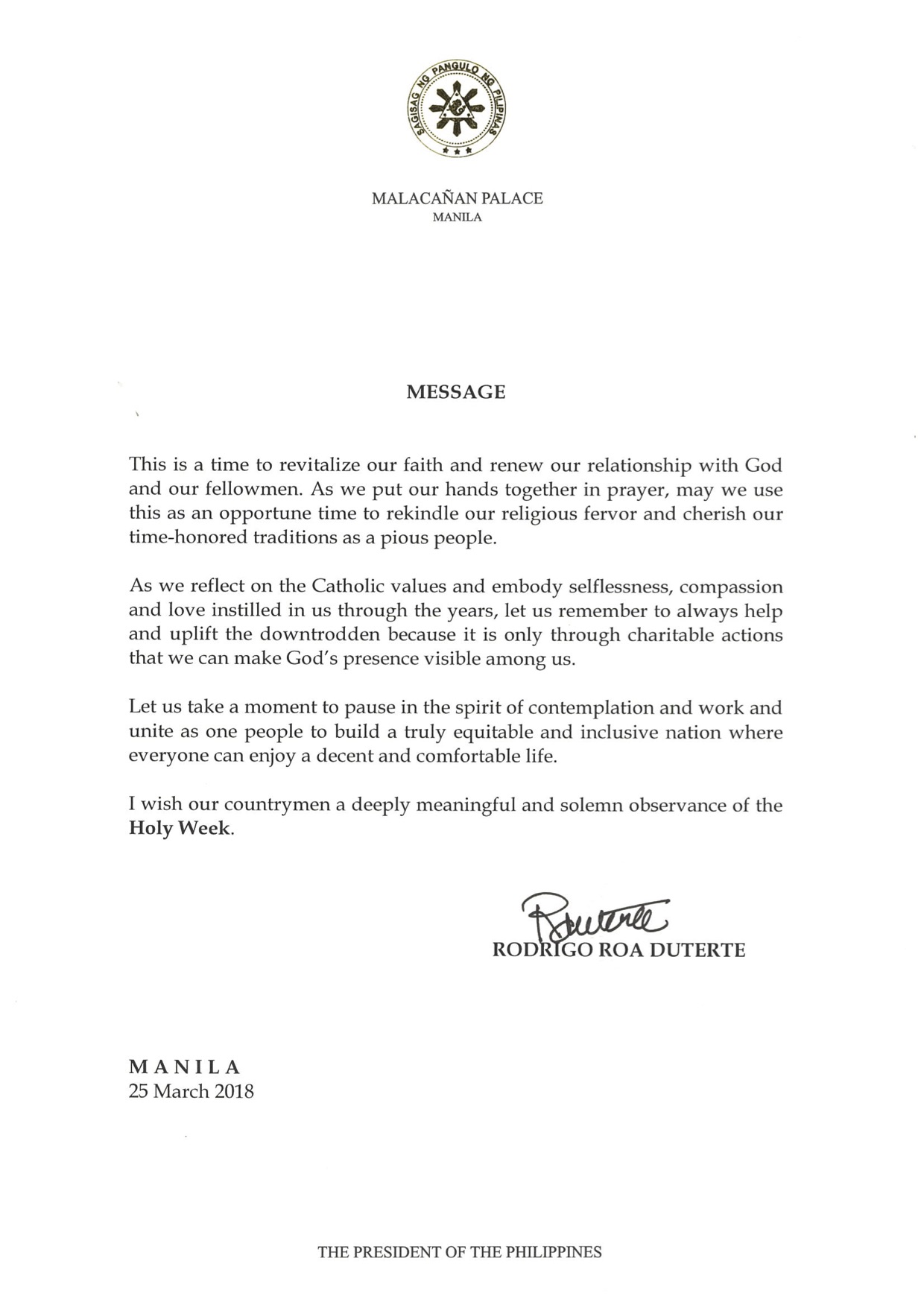 Holy Week Message of President Rodrigo Roa Duterte (English version