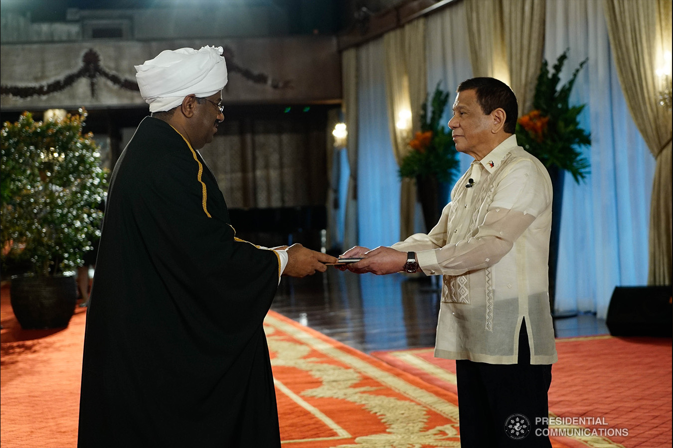 President Rodrigo Roa Duterte receives the credentials of Non-resident Ambassador Designate of Sudan Hamza Omer Hassan Ahmed during a ceremony at the Malacañan Palace on January 21, 2019. KING RODRIGUEZ/PRESIDENTIAL PHOTO