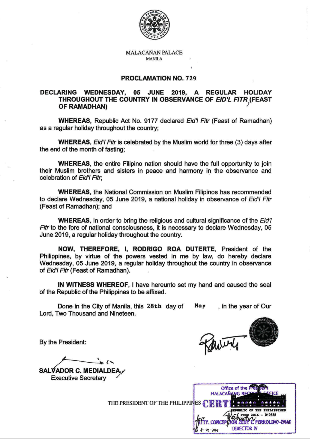 Proclamation No. 729 Declaring Wednesday, 05 June 2019, a regular