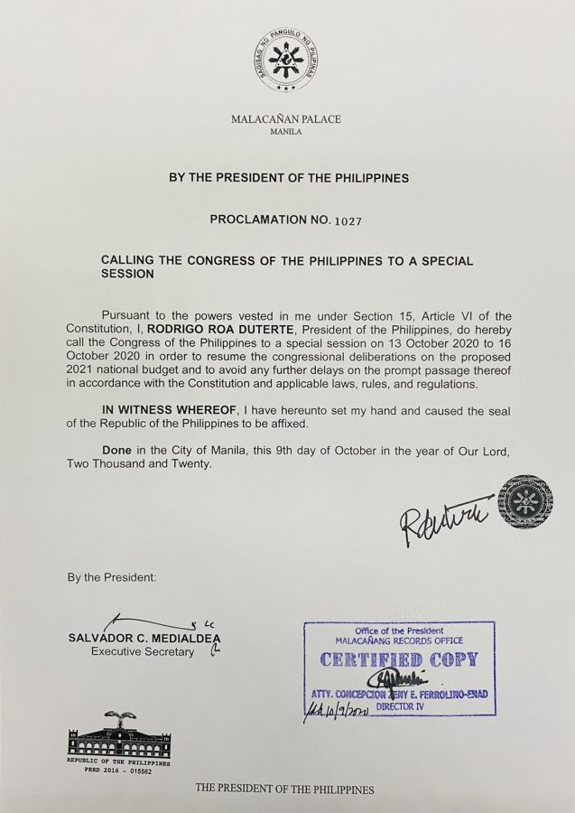 Proclamation 1027 Calling the Congress of the Philippines to a Special