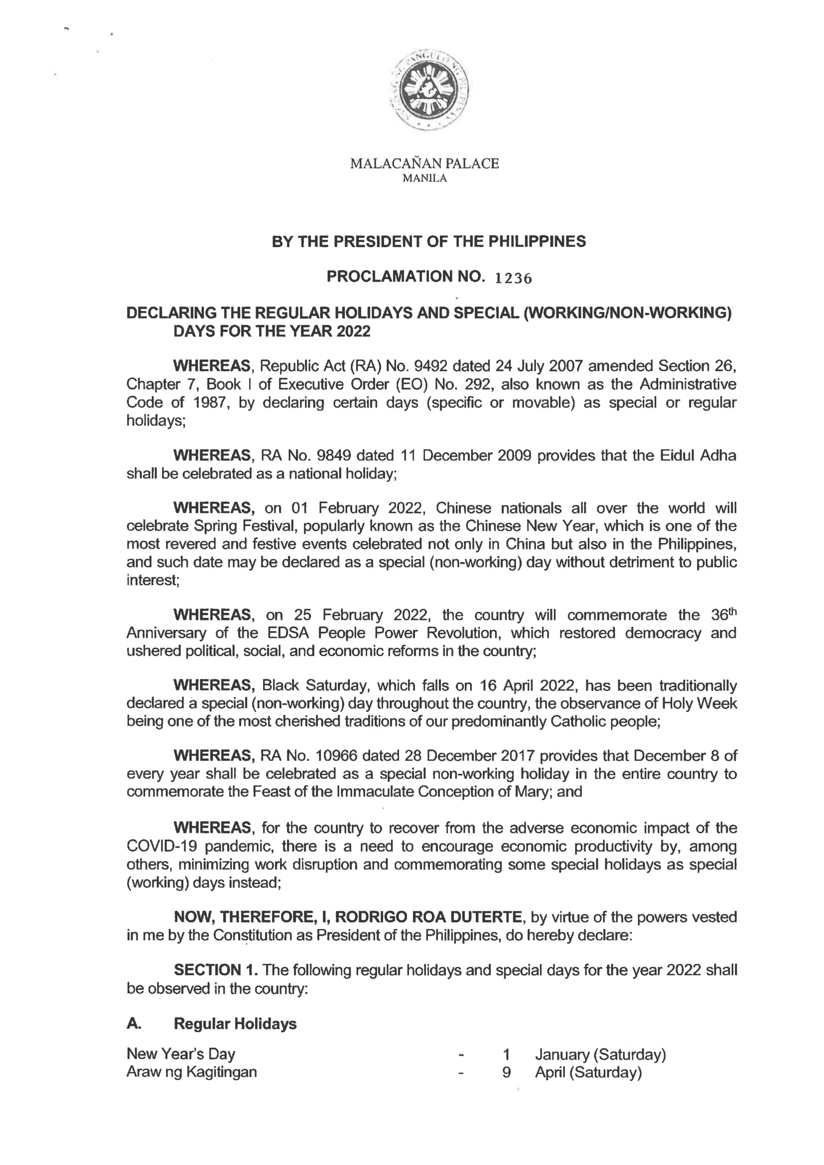 Proclamation No. 1236 Declaring the regular holidays and special