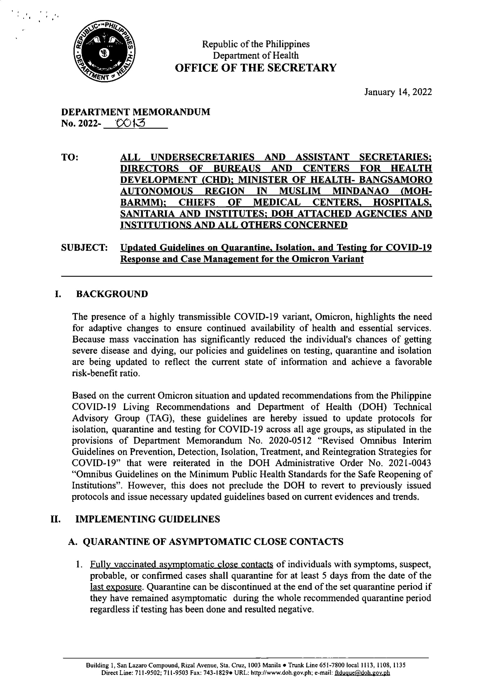 DOH Department Memorandum 2022 0013 Updated Guidelines on Quarantine