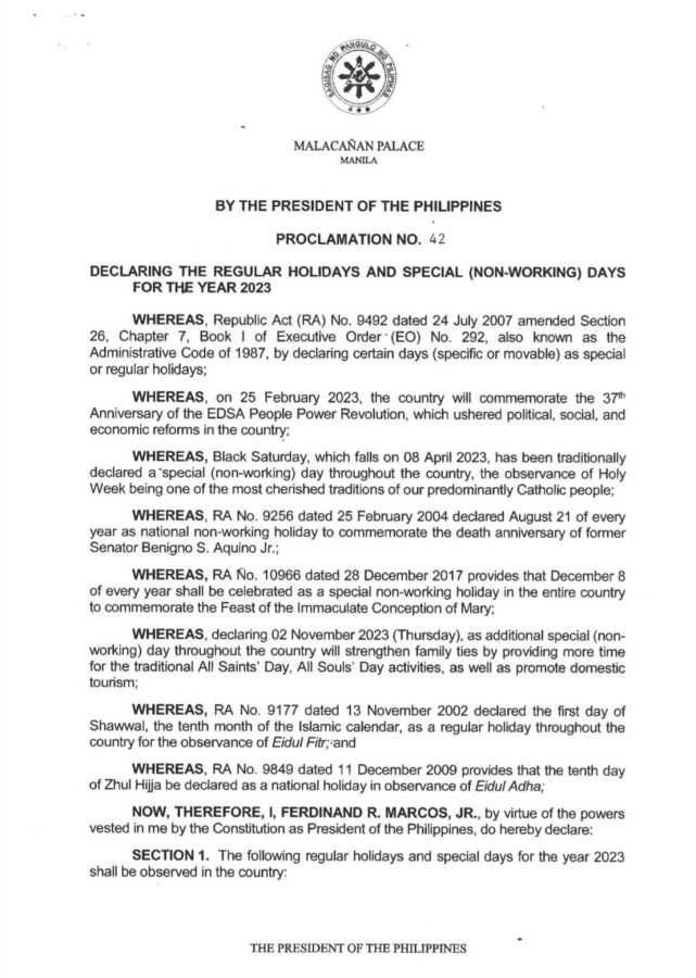 Proclamation No. 42 Declaring the regular holidays and special (non