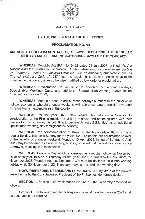 Proclamation No. 90 Amending Proclamation No. 42, S. 2022, declaring