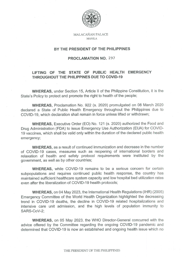 Proclamation No. 297: Lifting of the state of public health